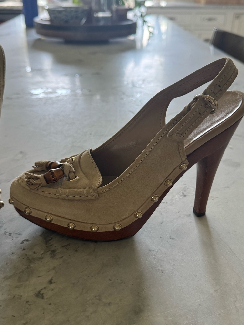 Gucci Beige Suede Studded Slingback Platform Pumps